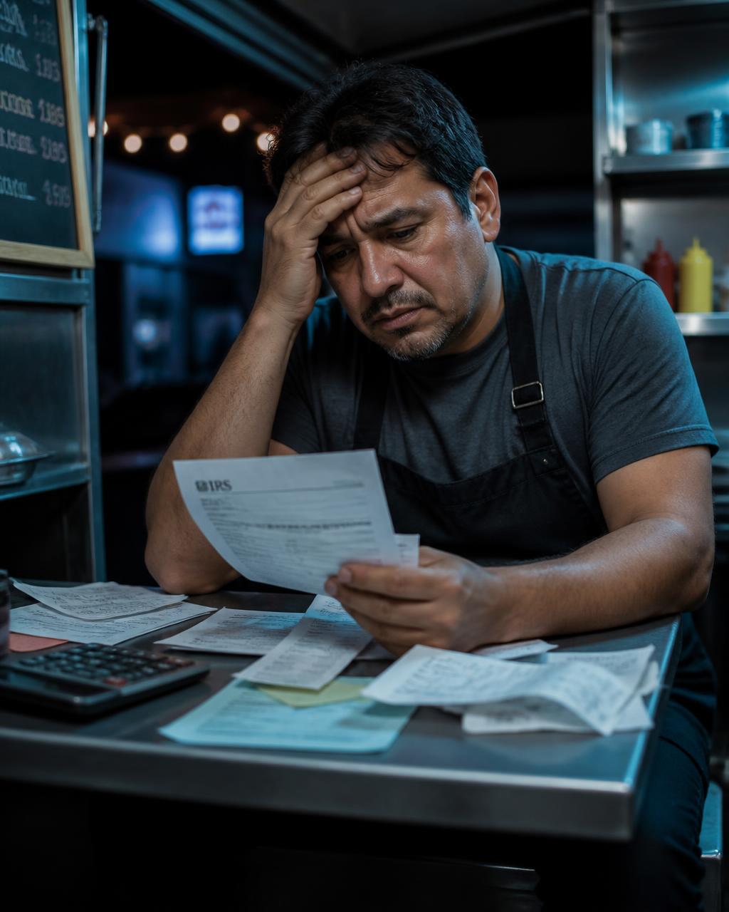 Emprendedor latino preocupado revisando una carta del IRS en su food truck